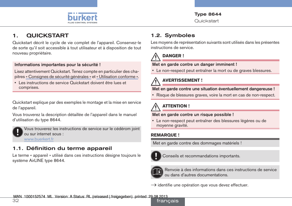 Quickstart, Définition du terme appareil 1.2. symboles | Burkert Type 8644 User Manual | Page 32 / 47