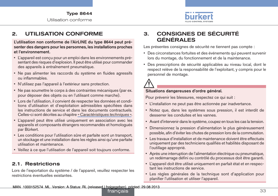 Utilisation conforme, Restrictions, Consignes de sécurité générales | Burkert Type 8644 User Manual | Page 33 / 47