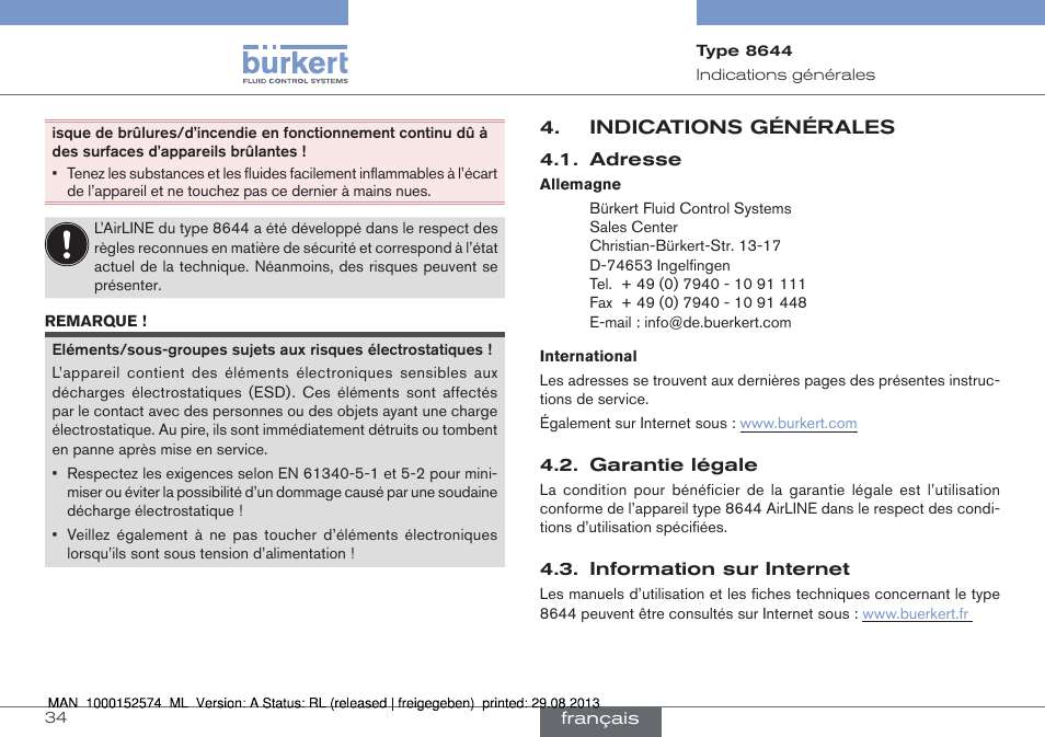 Indications générales | Burkert Type 8644 User Manual | Page 34 / 47