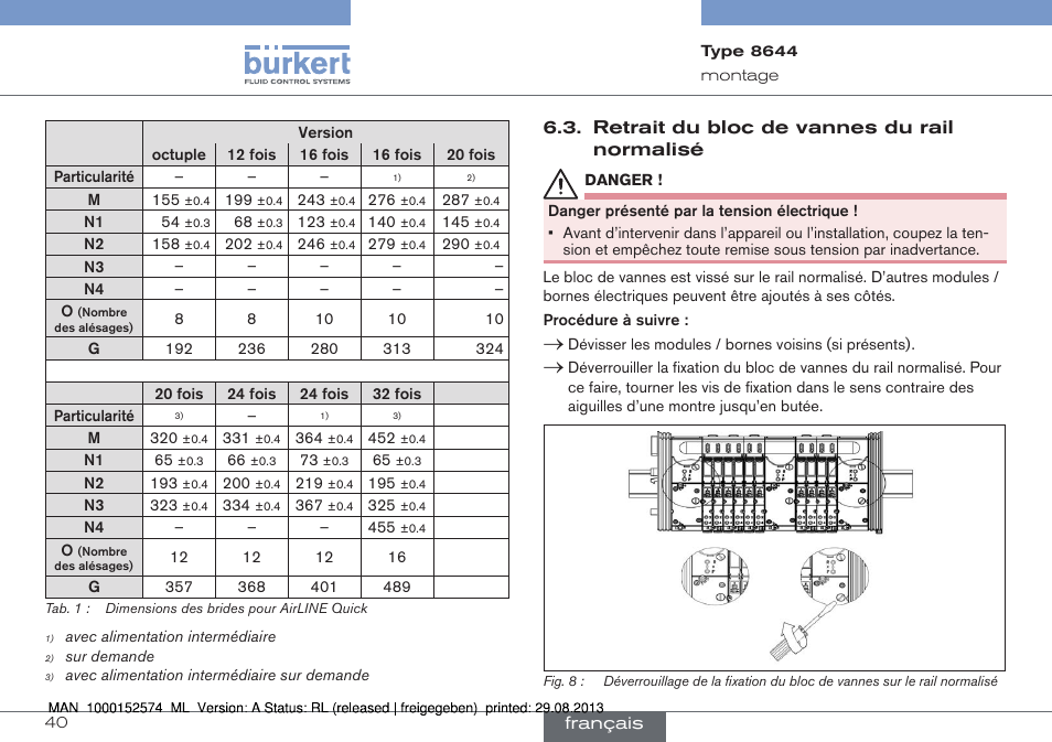 Retrait du bloc de vannes du rail normalisé | Burkert Type 8644 User Manual | Page 40 / 47