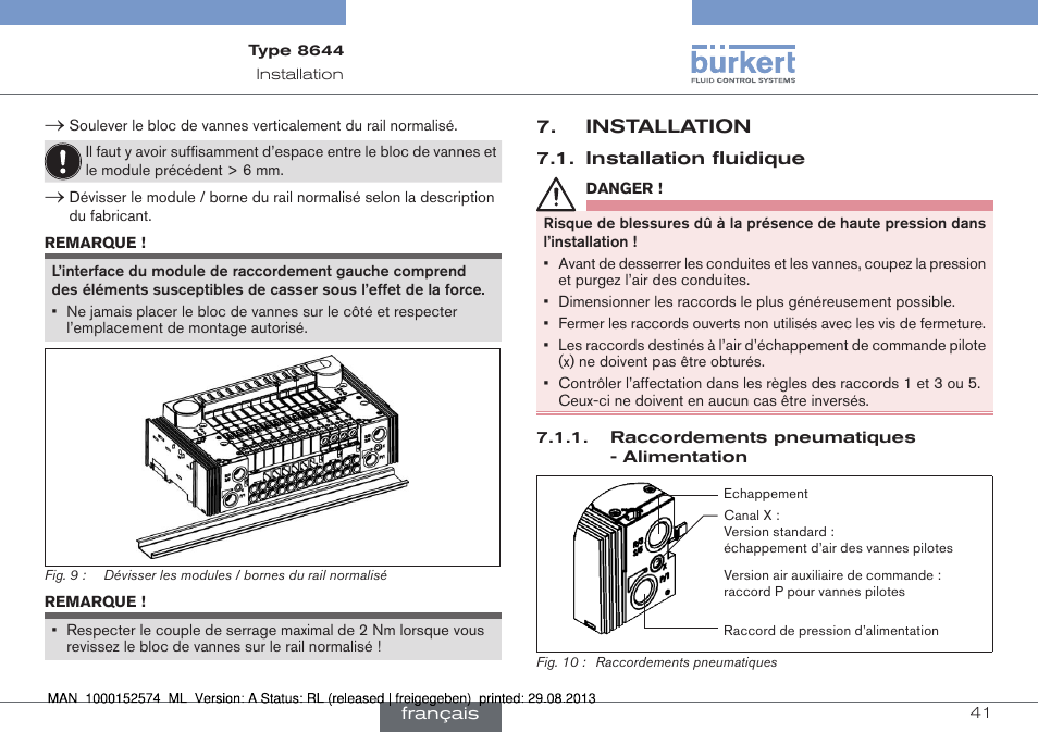 Installation, Installation fluidique | Burkert Type 8644 User Manual | Page 41 / 47
