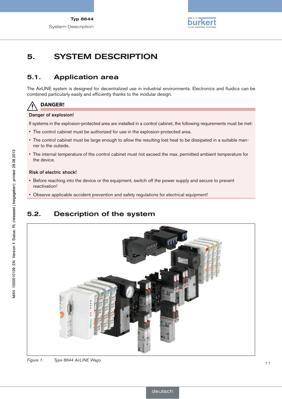 System description, Application area, Description of the system | System description 5, Application area 5.1, Description of the system 5.2 | Burkert Type 8644 User Manual | Page 11 / 70