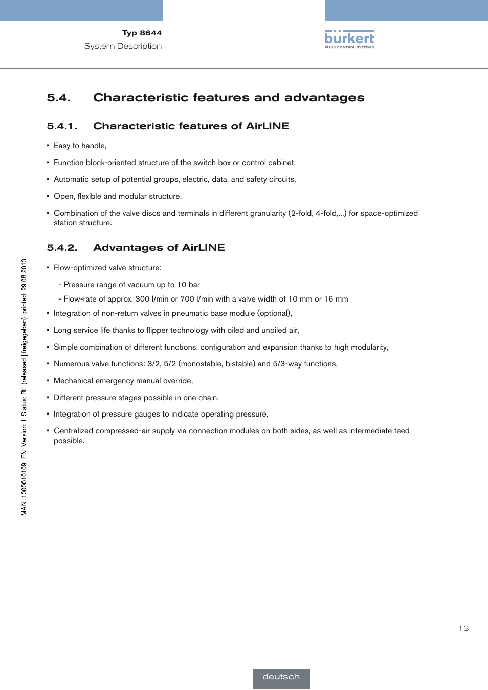 Characteristic features and advantages, Characteristic features of airline, Advantages of airline | Characteristic features and advantages 5.4 | Burkert Type 8644 User Manual | Page 13 / 70