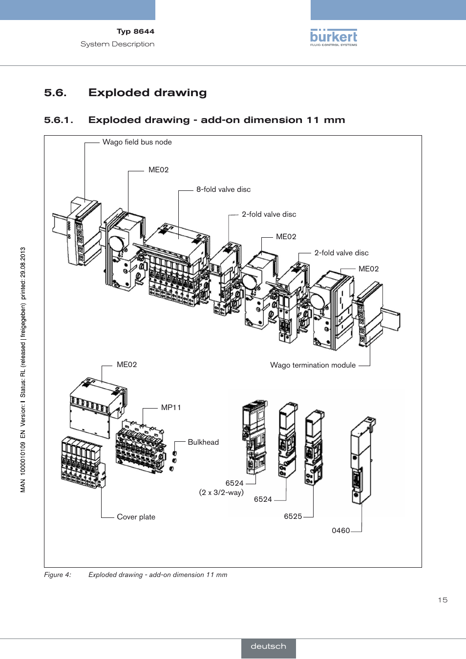Exploded drawing, Exploded drawing - add-on dimension 11 mm, Exploded drawing 5.6 | Burkert Type 8644 User Manual | Page 15 / 70