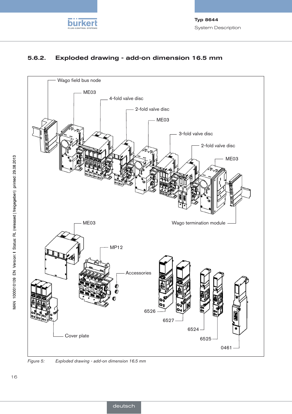 Exploded drawing - add-on dimension 16.5 mm | Burkert Type 8644 User Manual | Page 16 / 70