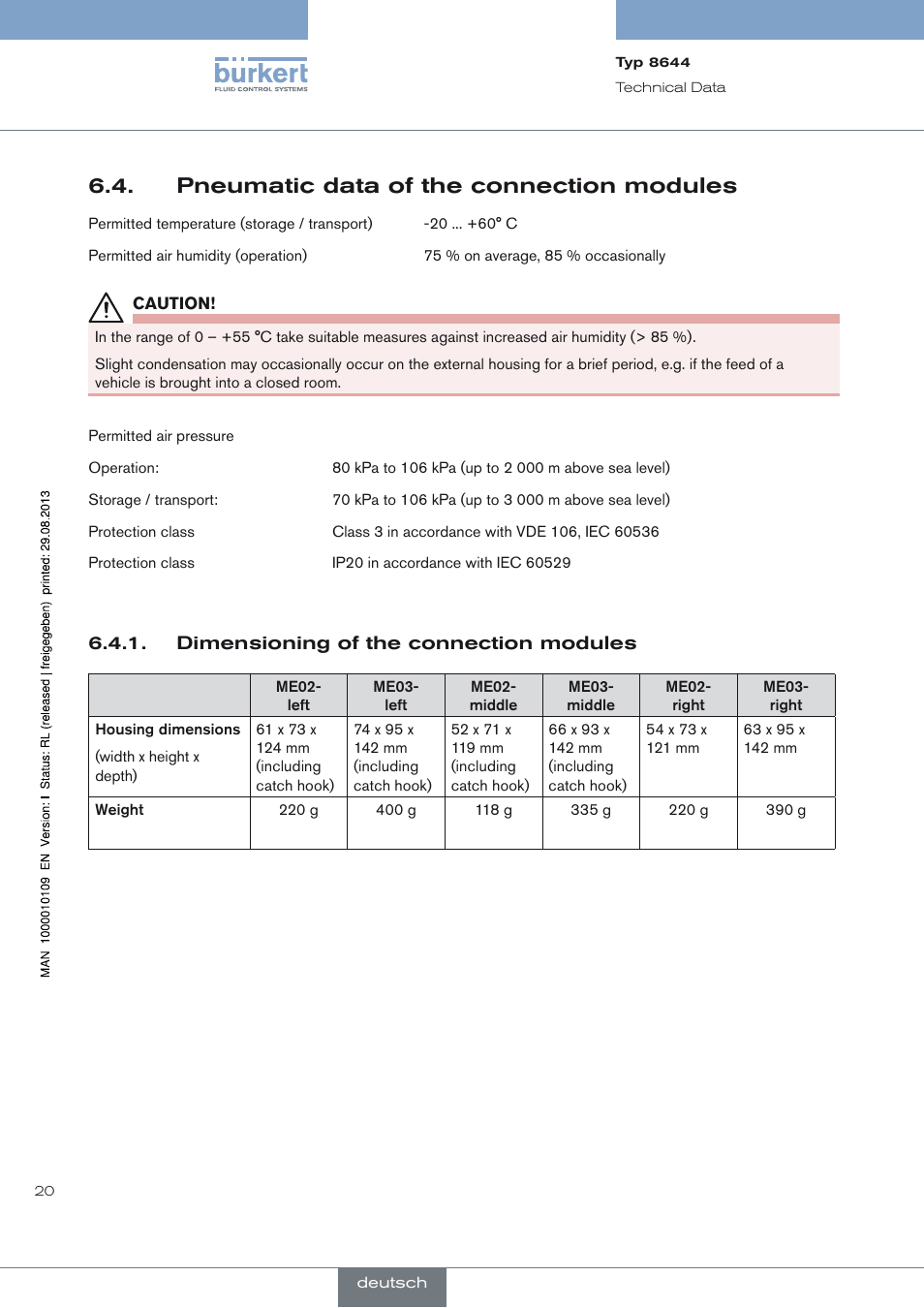 Pneumatic data of the connection modules, Dimensioning of the connection modules, Pneumatic data of the connection modules 6.4 | Burkert Type 8644 User Manual | Page 20 / 70