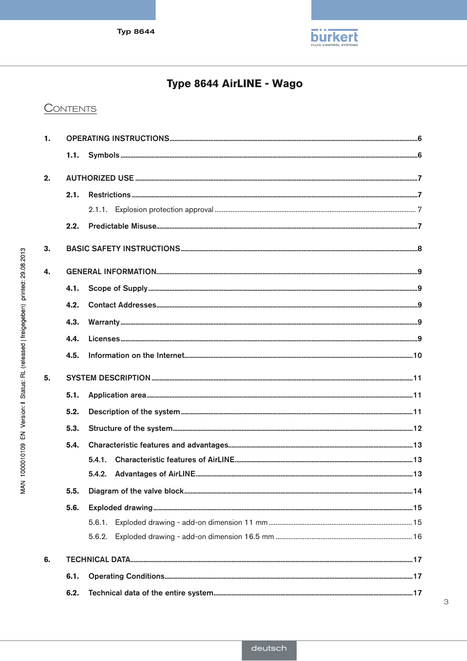 Type 8644 airline - wago | Burkert Type 8644 User Manual | Page 3 / 70