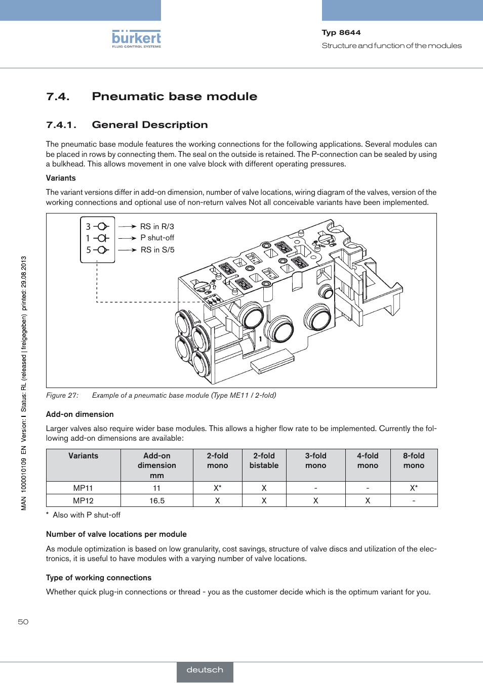 Pneumatic base module, General description, And 7.4.pneumatic base module | Burkert Type 8644 User Manual | Page 50 / 70