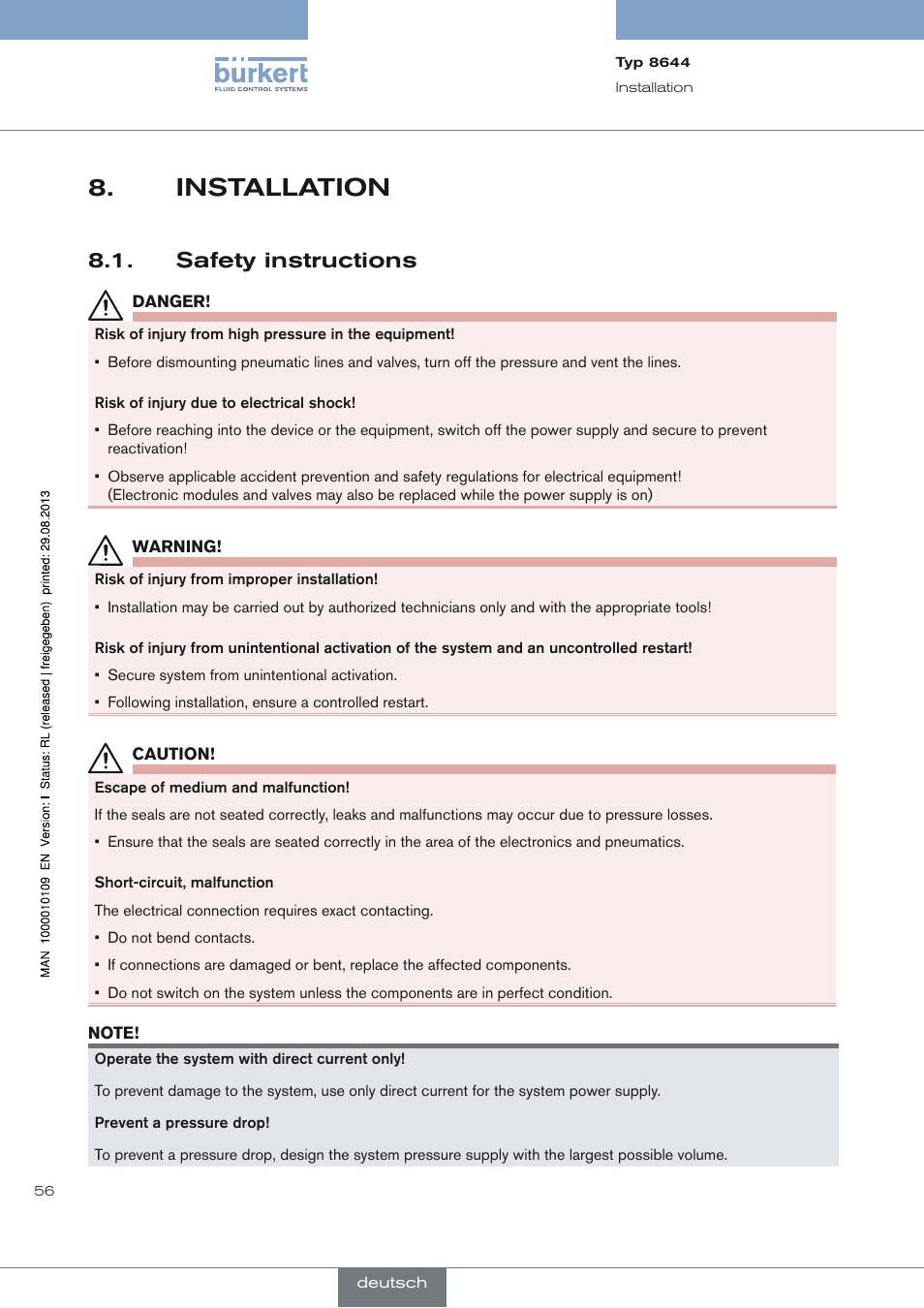 Installation, Safety instructions, Installation 8 | Safety instructions 8.1 | Burkert Type 8644 User Manual | Page 56 / 70