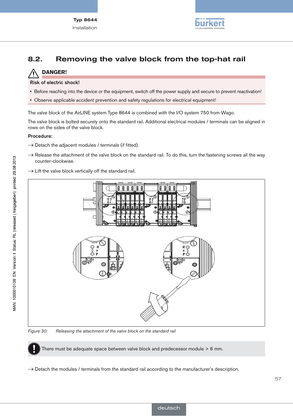 Removing the valve block from the top-hat rail, Removing the valve block from the top-hat rail 8.2 | Burkert Type 8644 User Manual | Page 57 / 70