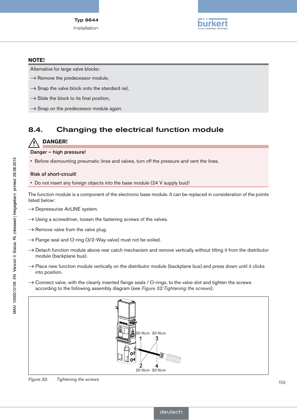 Changing the electrical function module, Changing the electrical function module 8.4 | Burkert Type 8644 User Manual | Page 59 / 70