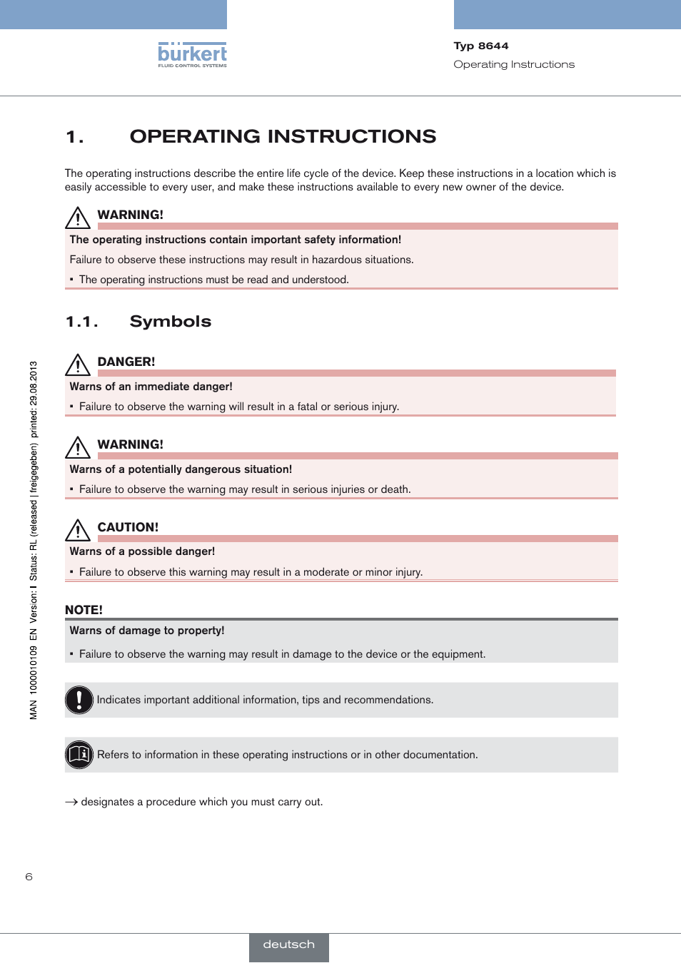 Operating instructions, Symbols, Operating instructions 1 | Symbols 1.1 | Burkert Type 8644 User Manual | Page 6 / 70