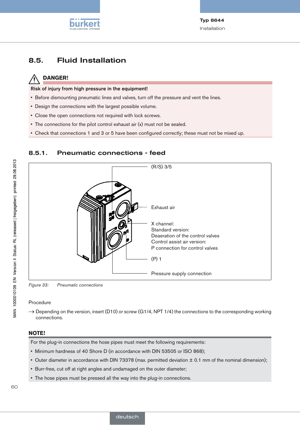 Fluid installation, Pneumatic connections - feed, Fluid installation 8.5 | Burkert Type 8644 User Manual | Page 60 / 70