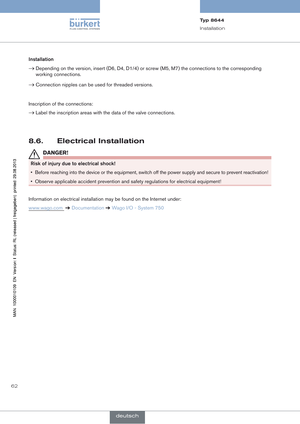 Electrical installation, Electrical installation 8.6 | Burkert Type 8644 User Manual | Page 62 / 70