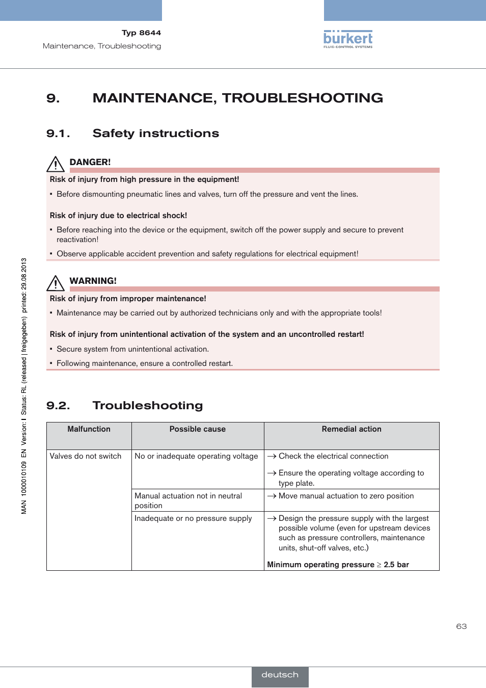 Maintenance, troubleshooting, Safety instructions, Troubleshooting | Maintenance, troubleshooting 9, Safety instructions 9.1, Troubleshooting 9.2 | Burkert Type 8644 User Manual | Page 63 / 70