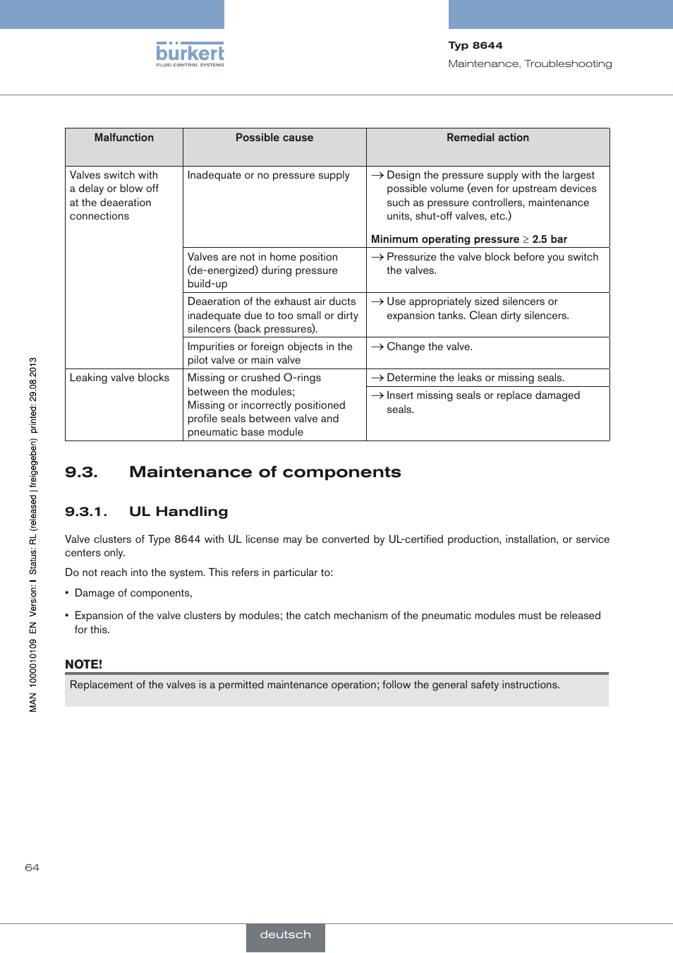 Maintenance of components, Ul handling, Maintenance of components 9.3 | Burkert Type 8644 User Manual | Page 64 / 70