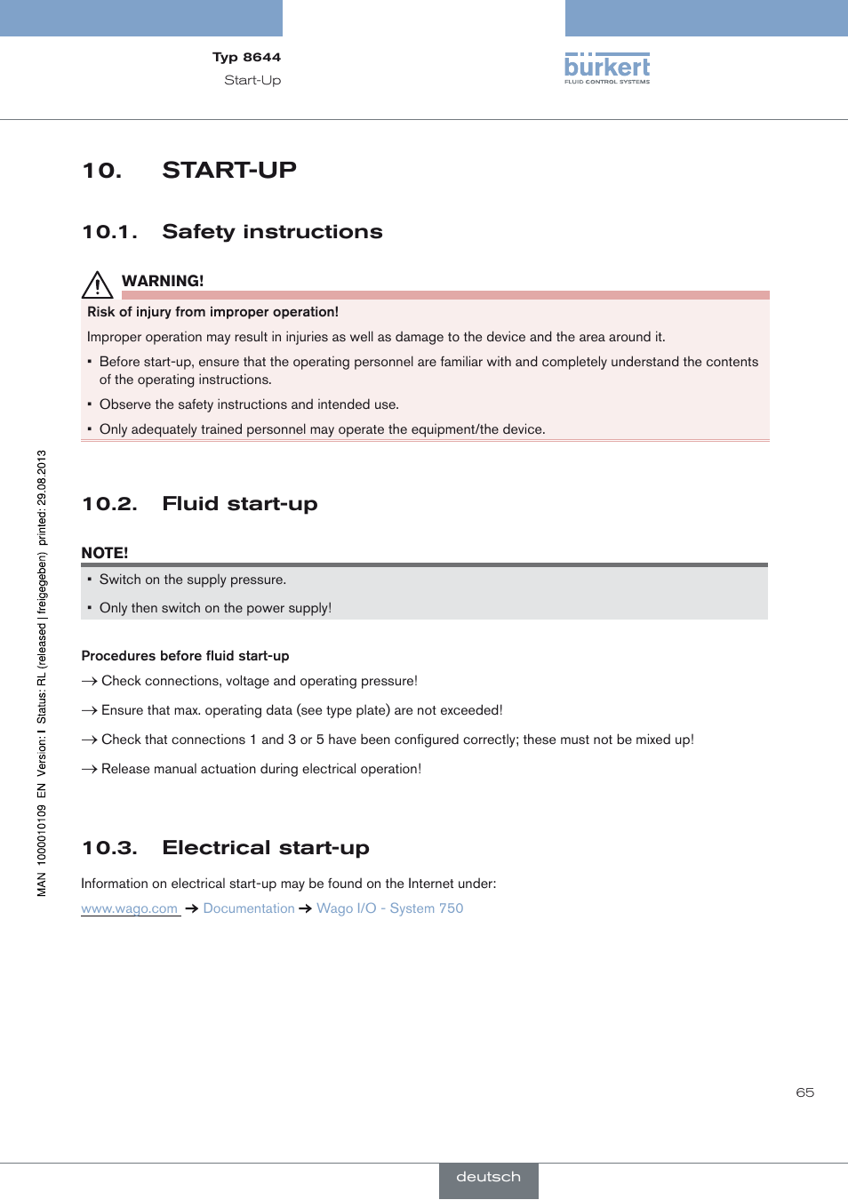 Start-up, Safety instructions, Fluid start-up | Electrical start-up, Safety instructions 10.1, Fluid start-up 10.2, Electrical start-up 10.3 | Burkert Type 8644 User Manual | Page 65 / 70