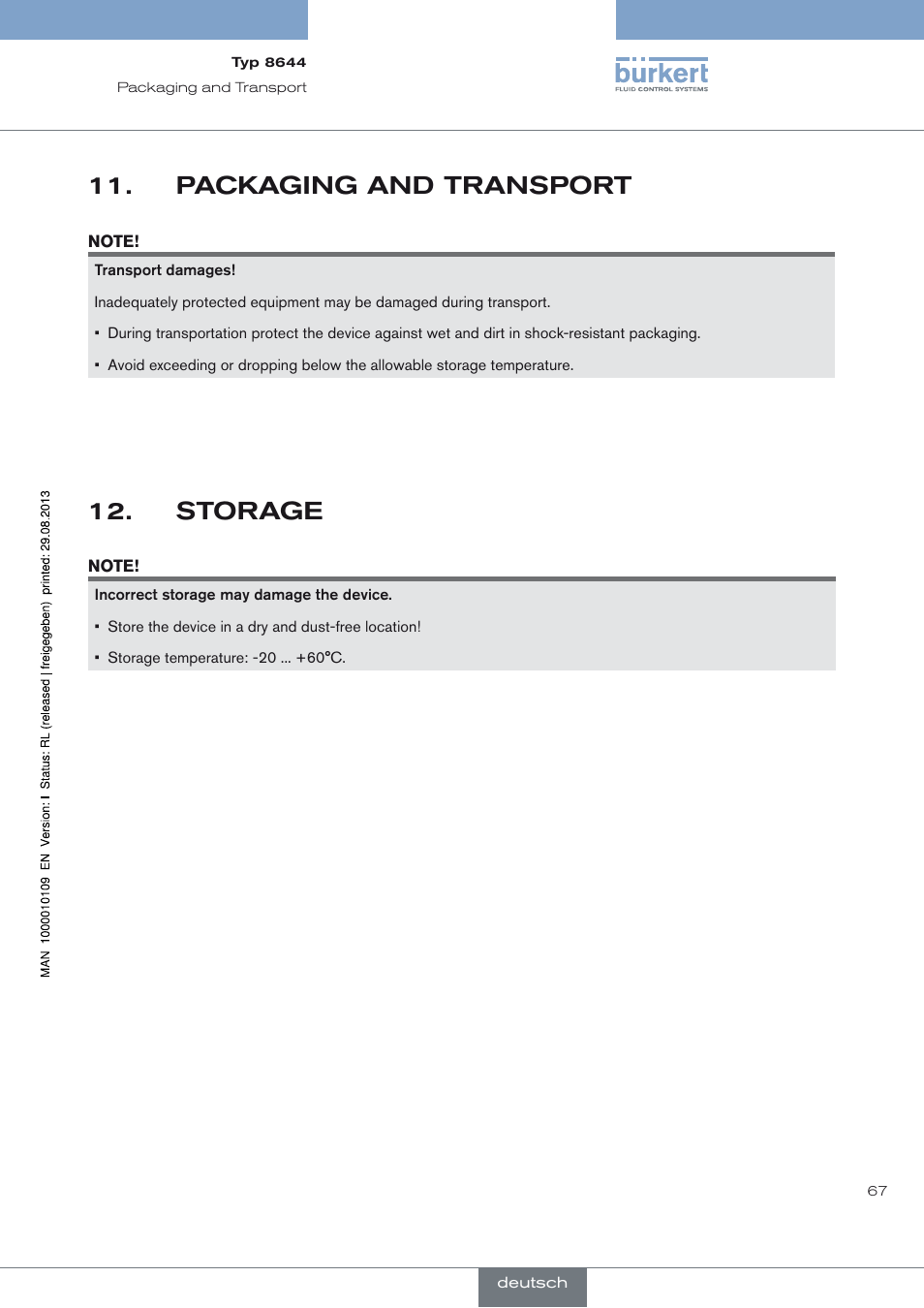 Packaging and transport, Packaging and transport 11, Storage 12 | Burkert Type 8644 User Manual | Page 67 / 70