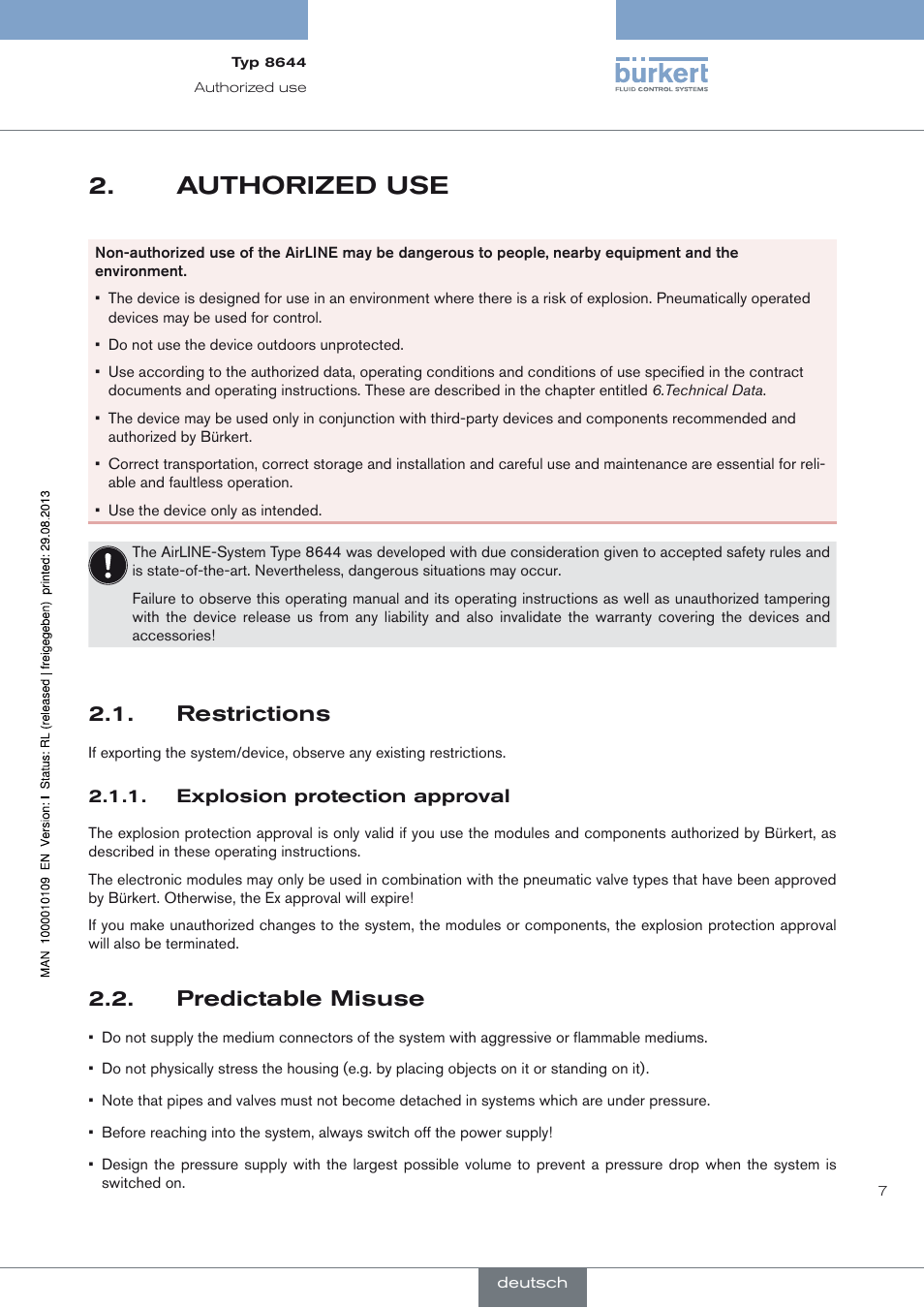 Authorized use, Restrictions, Explosion protection approval | Predictable misuse, Authorized use 2, Restrictions 2.1, Predictable misuse 2.2 | Burkert Type 8644 User Manual | Page 7 / 70