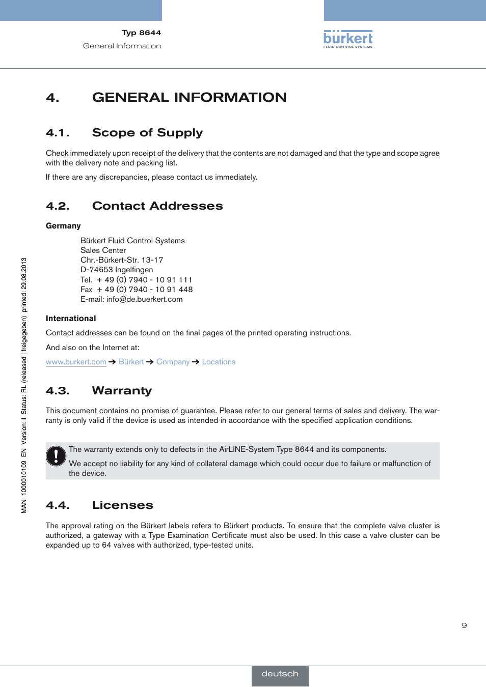 General information, Scope of supply, Contact addresses | Warranty, Licenses, General information 4, Scope of supply 4.1, Contact addresses 4.2, Warranty 4.3, Licenses 4.4 | Burkert Type 8644 User Manual | Page 9 / 70