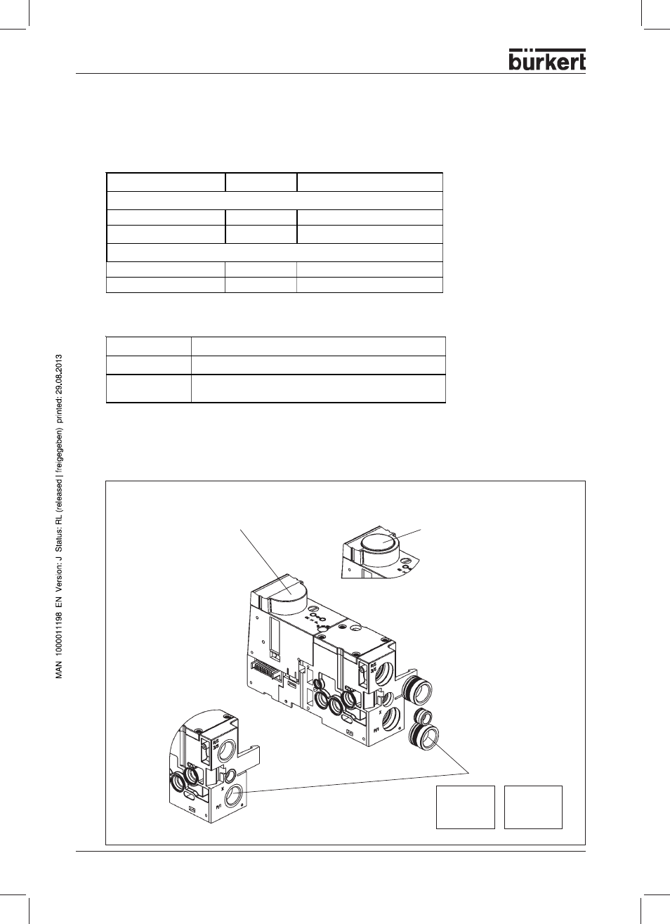 Variants, Connector modules, pneumatic - middle, type me03, Connection x | Drawing showing variants | Burkert Type 8644 User Manual | Page 38 / 66