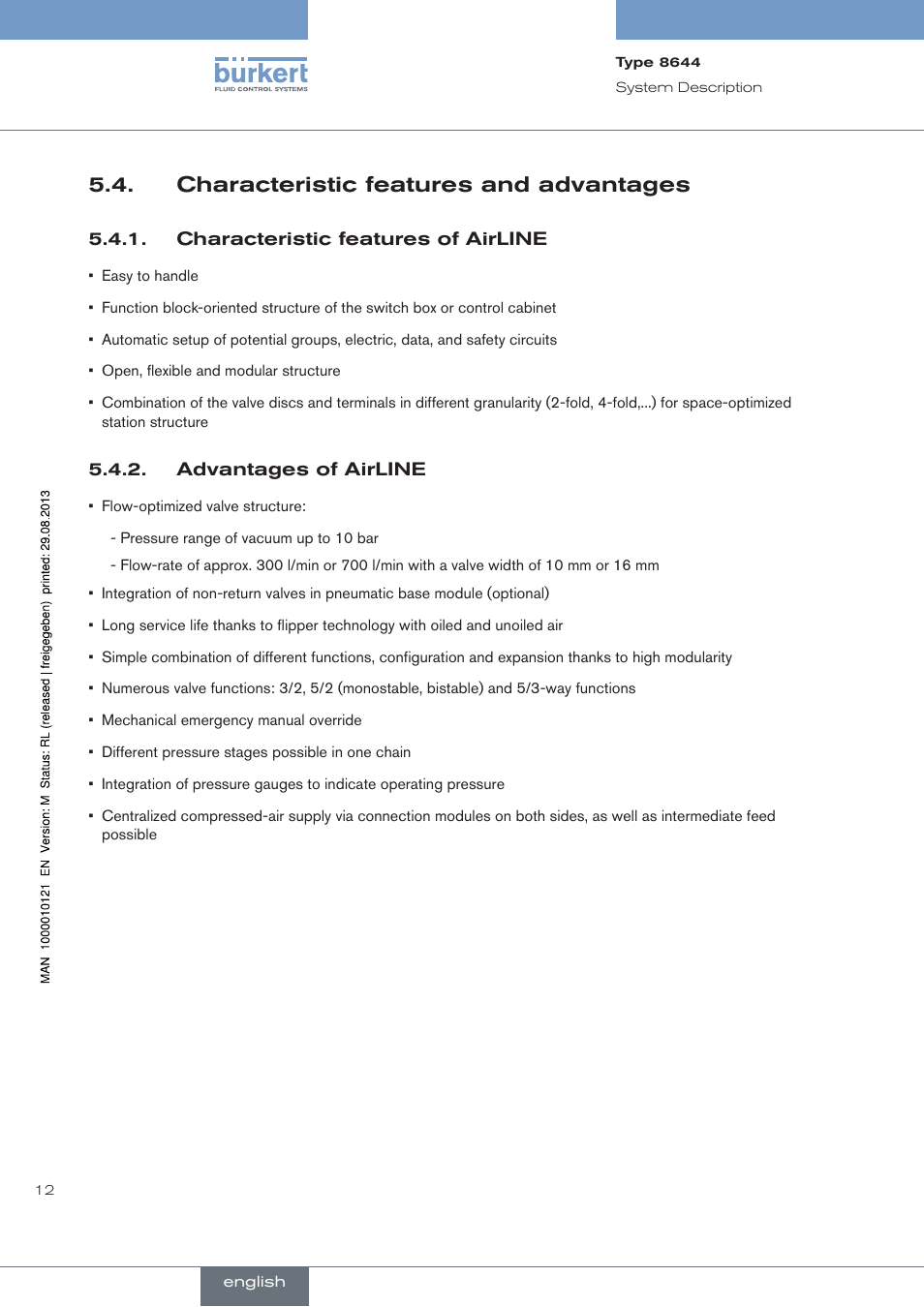 Characteristic features and advantages, Characteristic features of airline, Advantages of airline | Burkert Type 8644 User Manual | Page 12 / 68