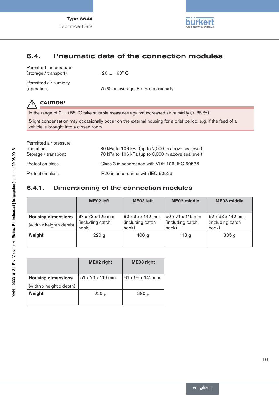 Pneumatic data of the connection modules, Dimensioning of the connection modules | Burkert Type 8644 User Manual | Page 19 / 68