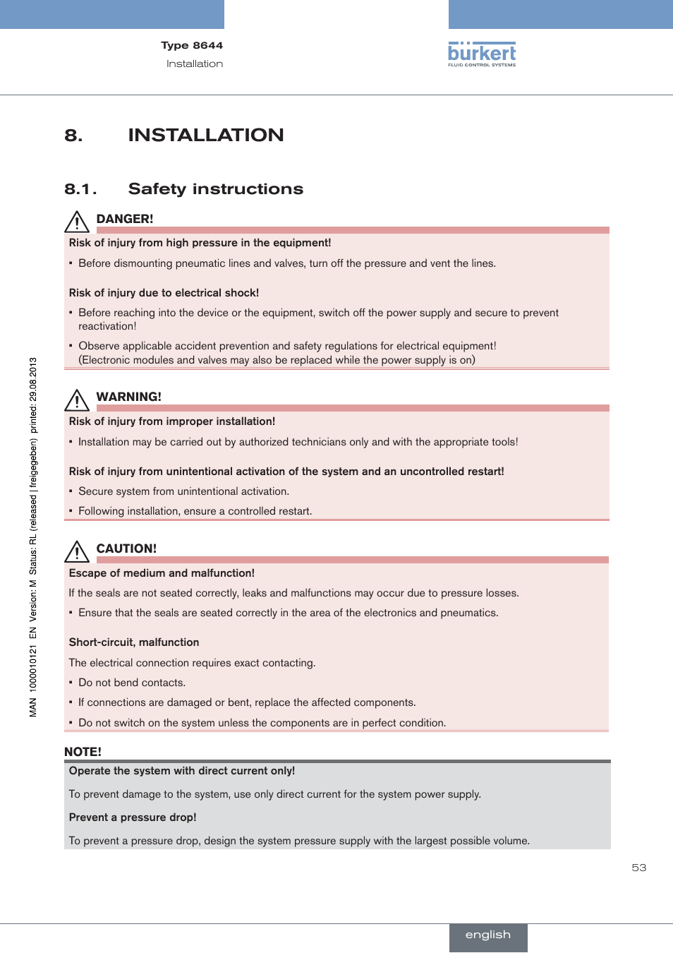 Installation, Safety instructions | Burkert Type 8644 User Manual | Page 53 / 68