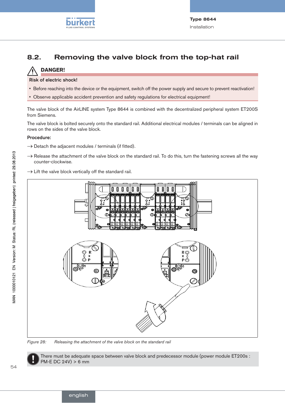 Removing the valve block from the top-hat rail | Burkert Type 8644 User Manual | Page 54 / 68