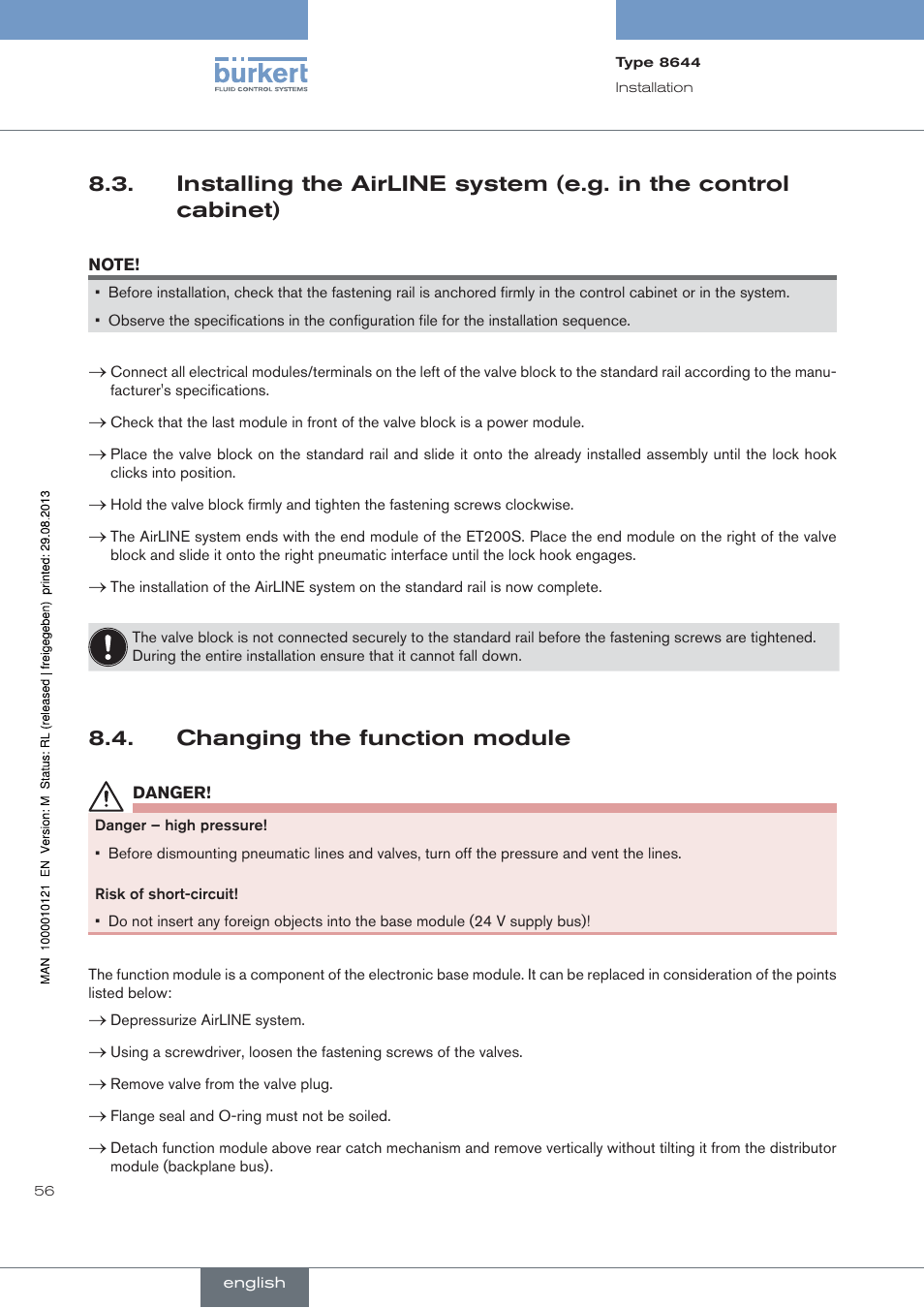 Changing the function module | Burkert Type 8644 User Manual | Page 56 / 68