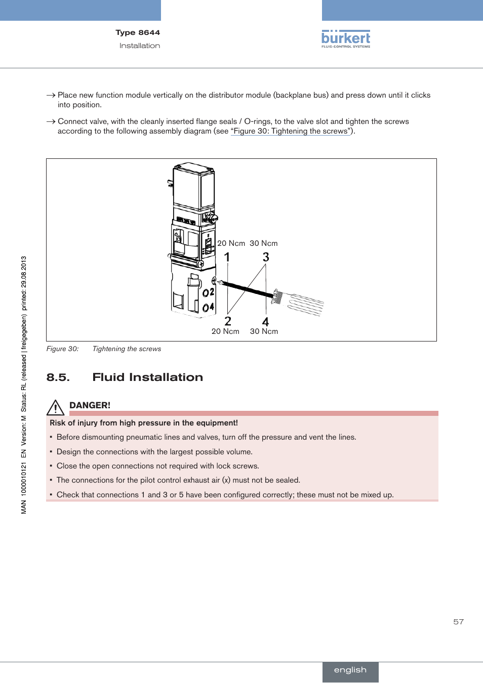 Fluid installation | Burkert Type 8644 User Manual | Page 57 / 68