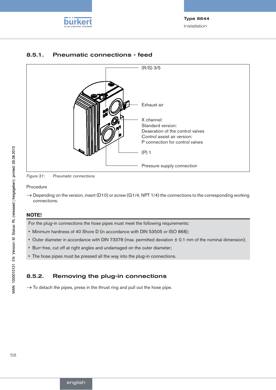 Pneumatic connections - feed, Removing the plug-in connections | Burkert Type 8644 User Manual | Page 58 / 68