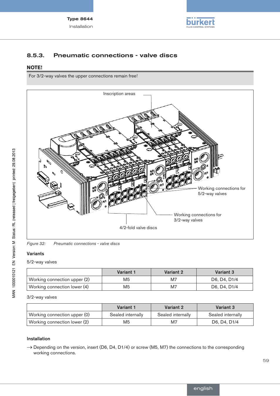 Pneumatic connections - valve discs | Burkert Type 8644 User Manual | Page 59 / 68