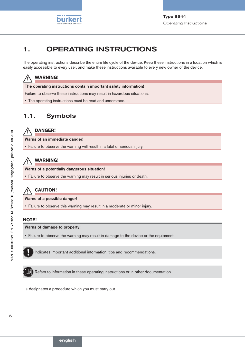 Operating instructions, Symbols | Burkert Type 8644 User Manual | Page 6 / 68