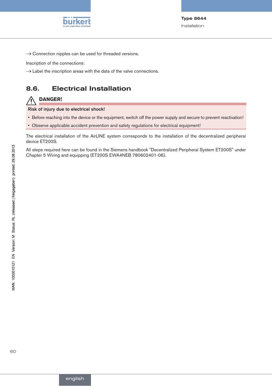 Electrical installation | Burkert Type 8644 User Manual | Page 60 / 68