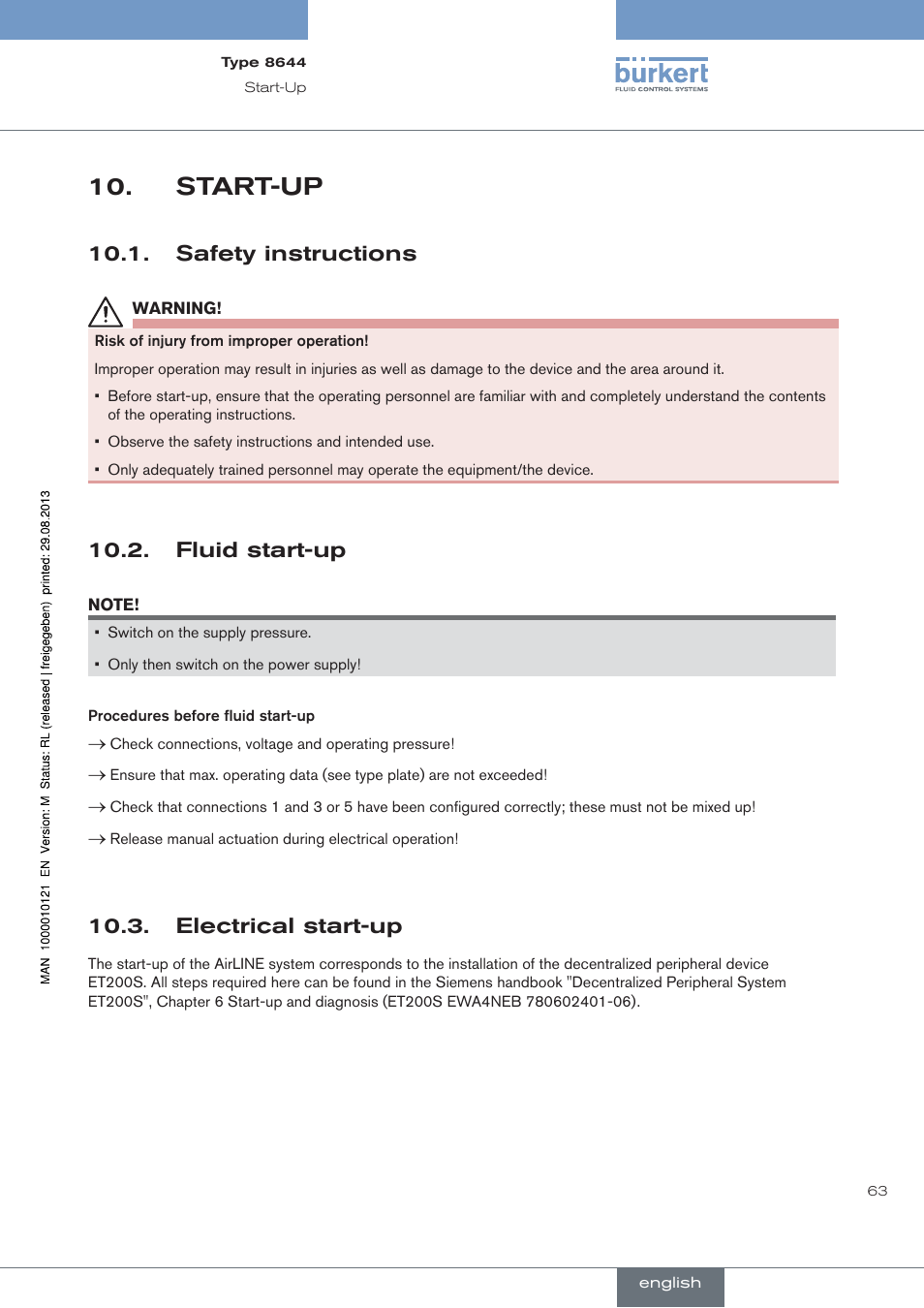 Start-up, Safety instructions, Fluid start-up | Electrical start-up | Burkert Type 8644 User Manual | Page 63 / 68