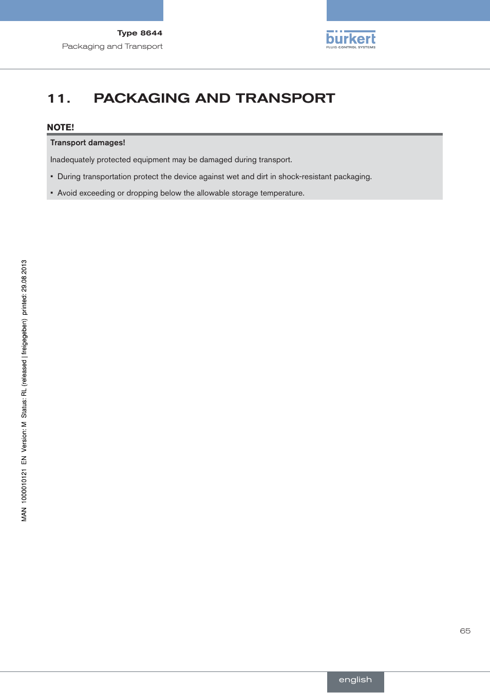 Packaging and transport | Burkert Type 8644 User Manual | Page 65 / 68