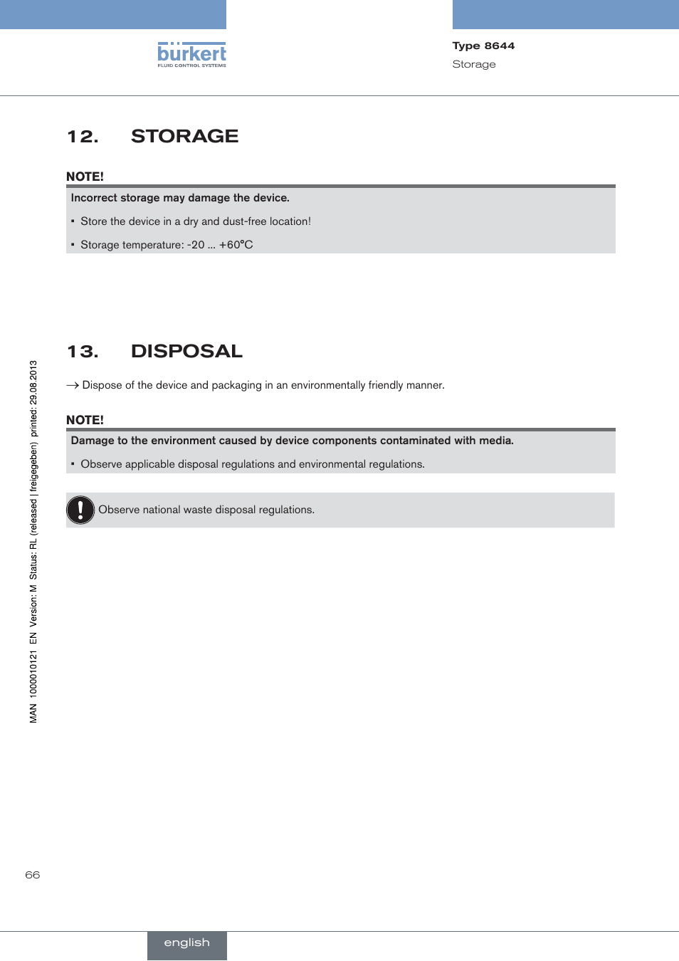 Storage, Disposal | Burkert Type 8644 User Manual | Page 66 / 68