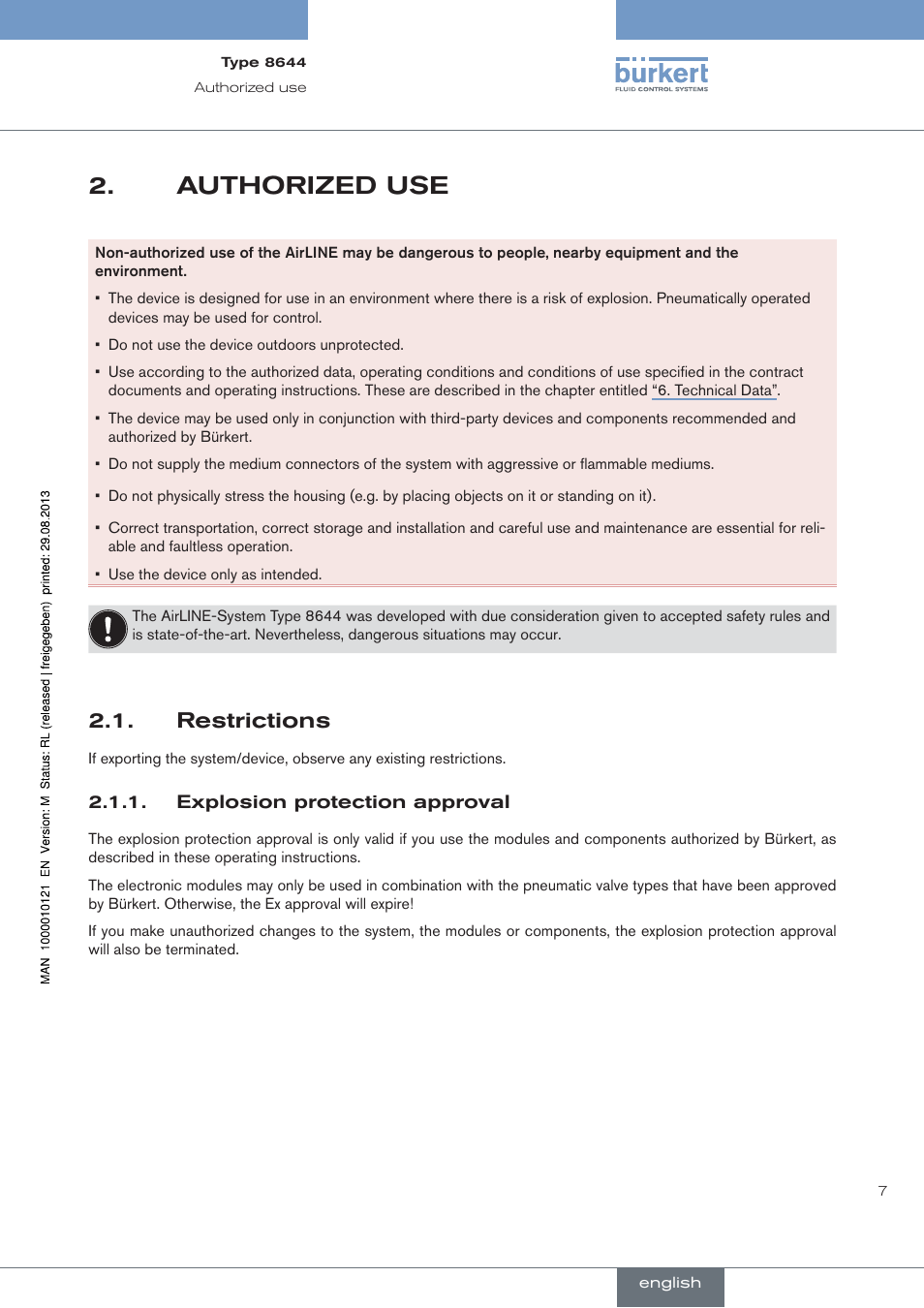 Authorized use, Restrictions, Explosion protection approval | Burkert Type 8644 User Manual | Page 7 / 68