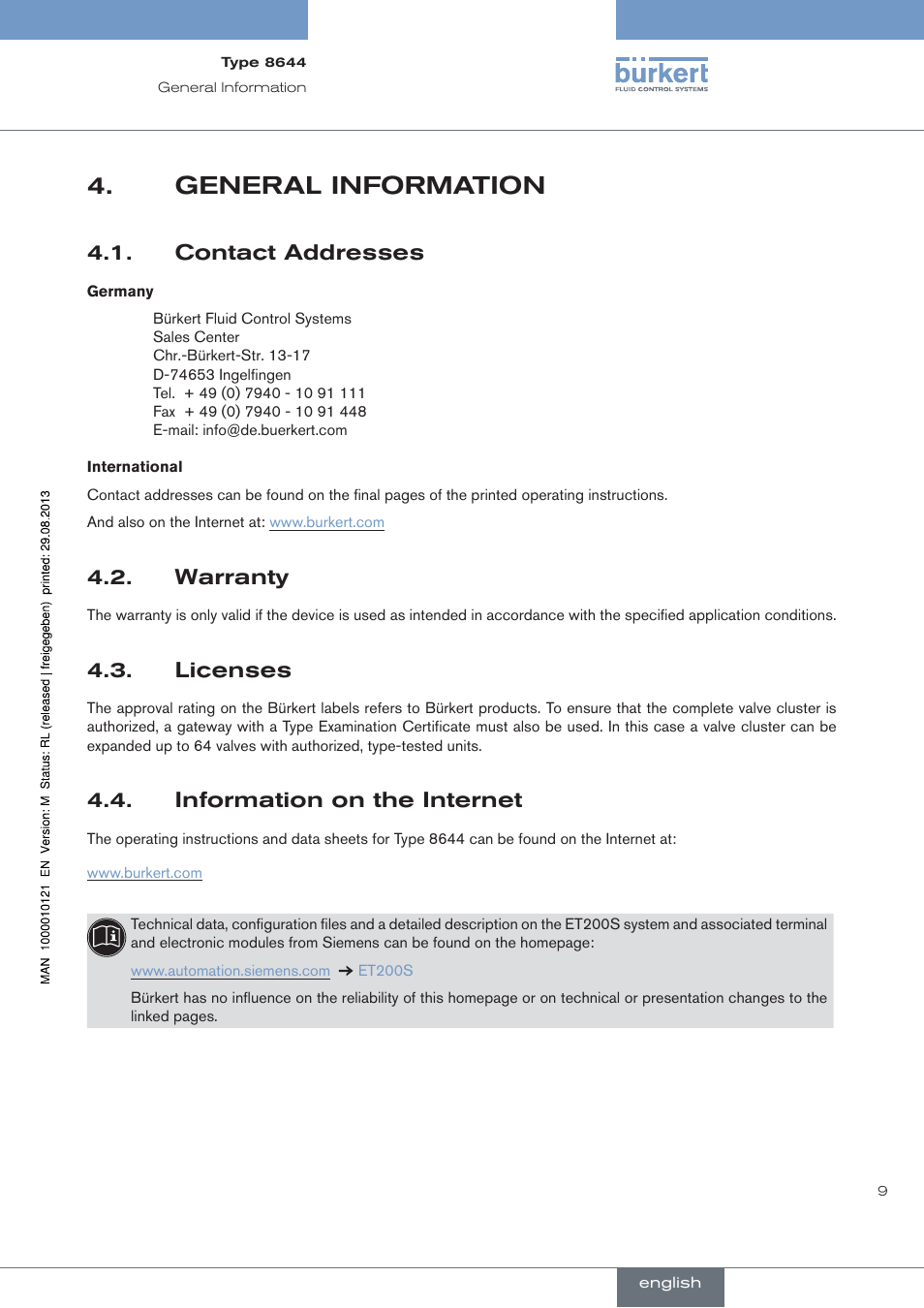 General information, Contact addresses, Warranty | Licenses, Information on the internet | Burkert Type 8644 User Manual | Page 9 / 68