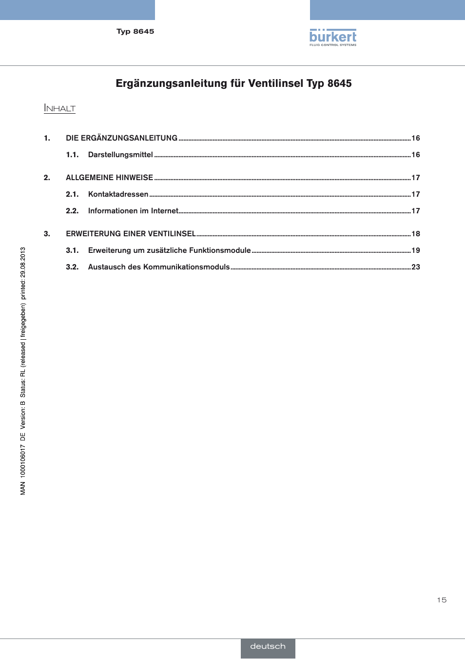 Deutsch, Ergänzungsanleitung für ventilinsel typ 8645 | Burkert Type 8645 User Manual | Page 15 / 40