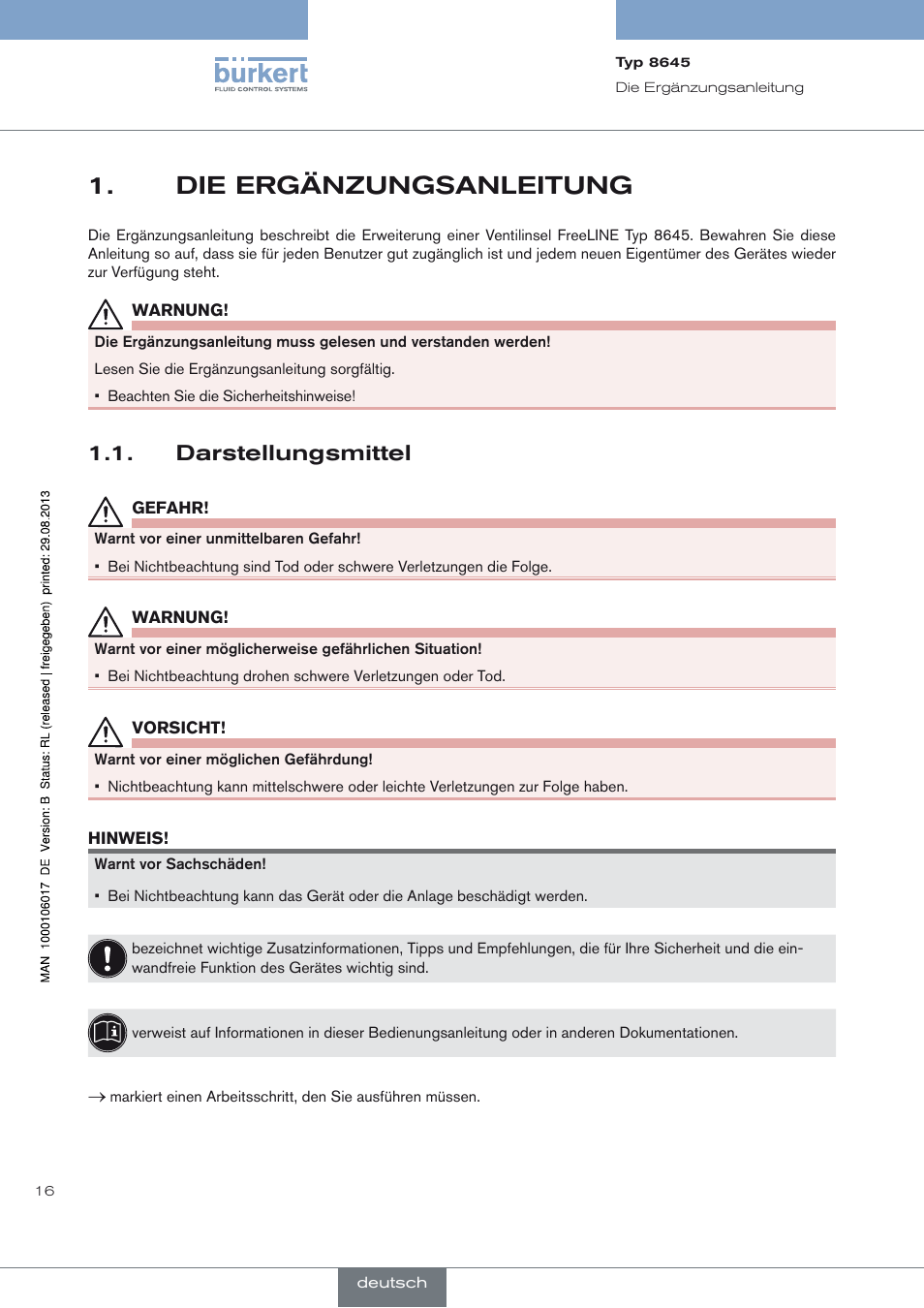 Die ergänzungsanleitung, Darstellungsmittel, Die ergänzungsanleitung 1 | Darstellungsmittel 1.1 | Burkert Type 8645 User Manual | Page 16 / 40