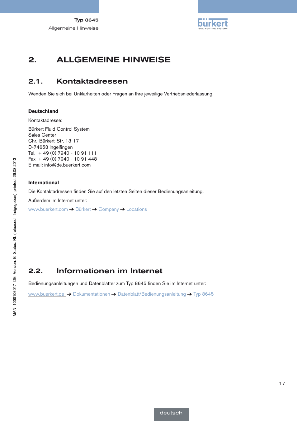 Allgemeine hinweise, Kontaktadressen, Informationen im internet | Allgemeine hinweise 2, Kontaktadressen 2.1, Informationen im internet 2.2 | Burkert Type 8645 User Manual | Page 17 / 40