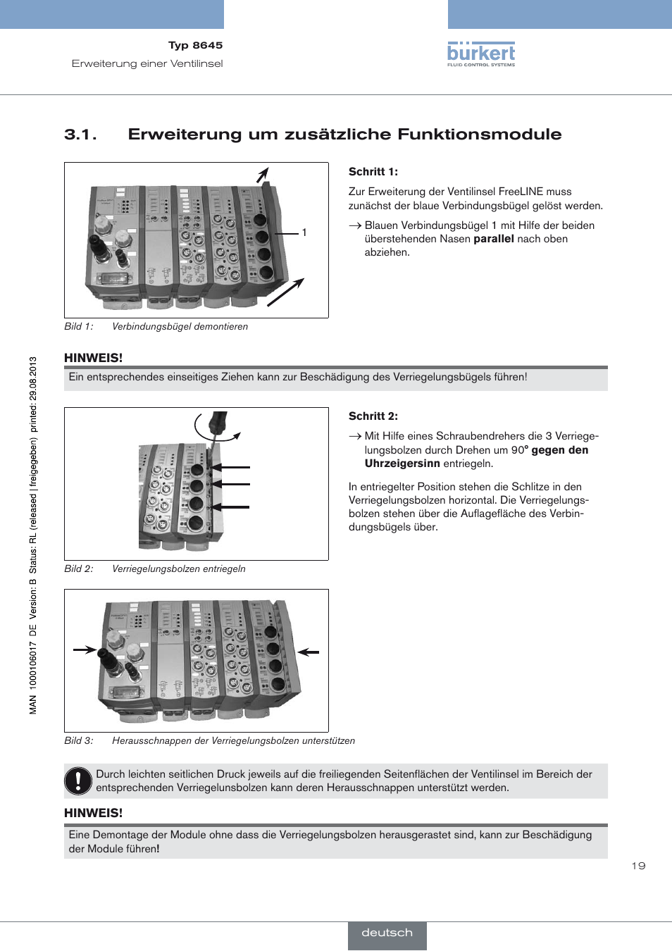 Erweiterung um zusätzliche funktionsmodule, Erweiterung um zusätzliche funktionsmodule 3.1 | Burkert Type 8645 User Manual | Page 19 / 40