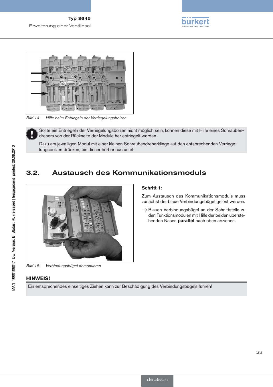 Austausch des kommunikationsmoduls, Austausch des kommunikationsmoduls 3.2 | Burkert Type 8645 User Manual | Page 23 / 40