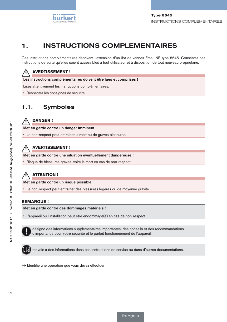 Instructions complementaires, Symboles, Instructions complementaires 1 | Symboles 1.1 | Burkert Type 8645 User Manual | Page 28 / 40