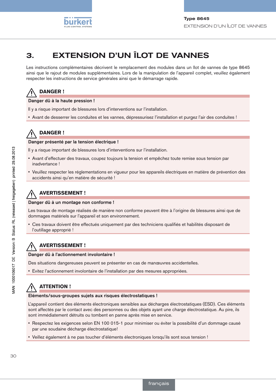 Extension d’un îlot de vannes, Extension d’un îlot de vannes 3 | Burkert Type 8645 User Manual | Page 30 / 40