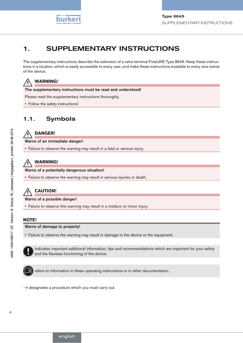 Supplementary instructions, Symbols, Supplementary instructions 1 | Symbols 1.1 | Burkert Type 8645 User Manual | Page 4 / 40