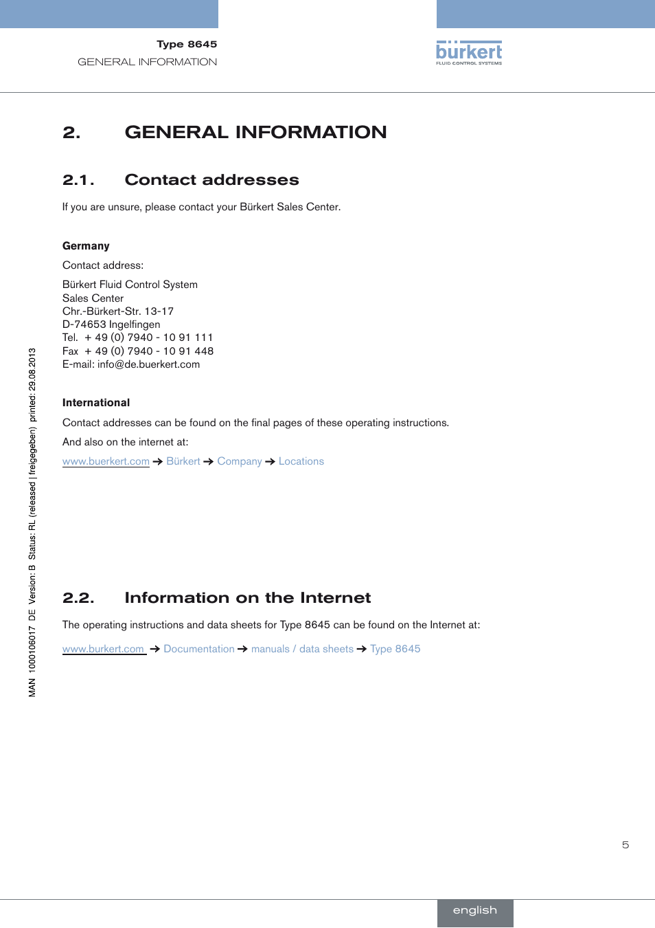 General information, Contact addresses, Information on the internet | General information 2, Contact addresses 2.1, Information on the internet 2.2 | Burkert Type 8645 User Manual | Page 5 / 40