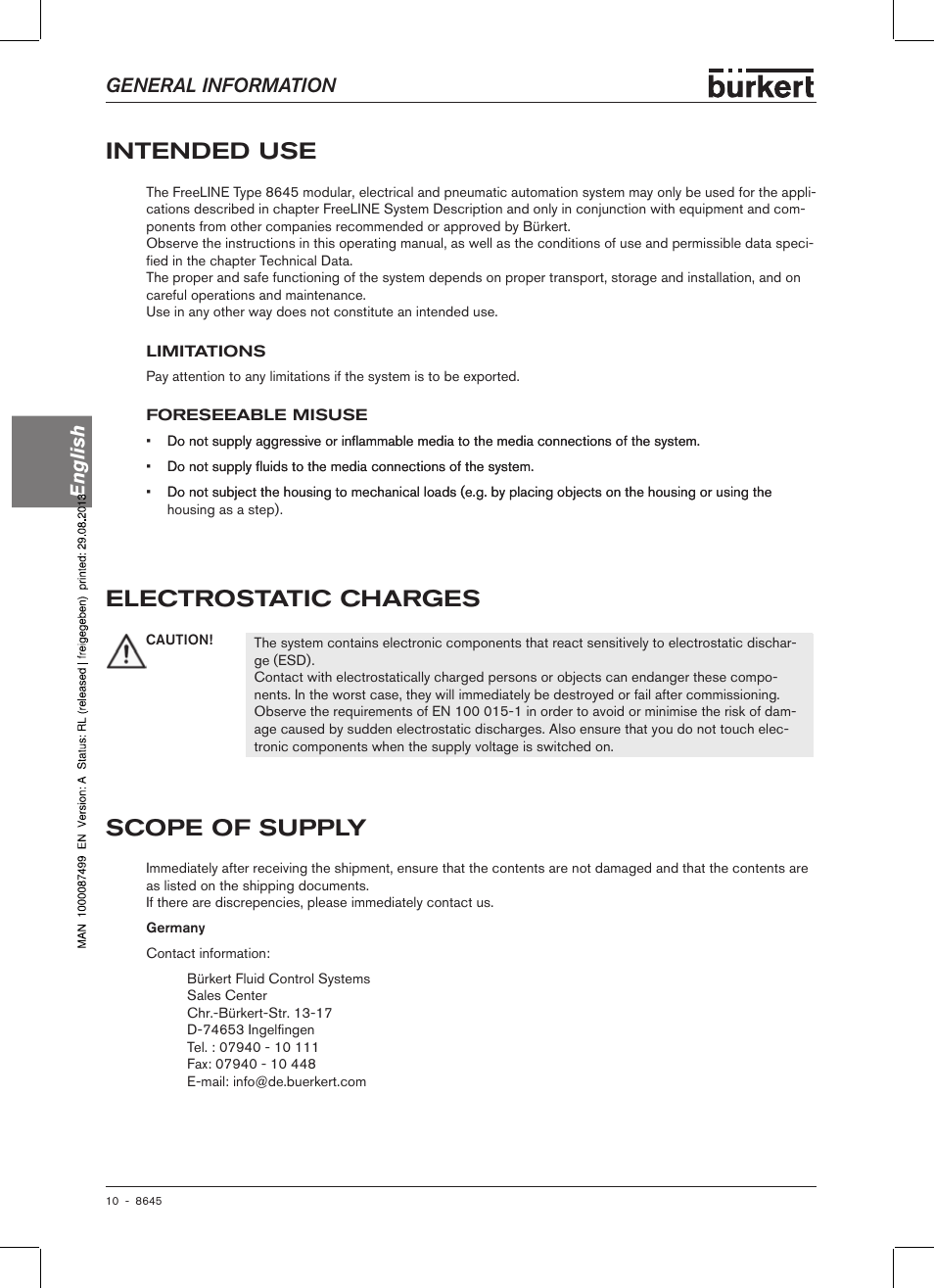 Intended use, Electrostatic charges, Scope of supply | General information english | Burkert Type 8645 User Manual | Page 10 / 174